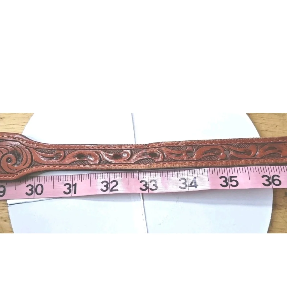Vtg Nocona Hand Crafted Braided Brown Leather Belt Sz 34 Western Etched Buckle
